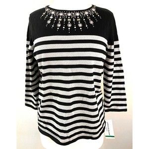 Alfred Dunner Silver/Black Women's Beaded Striped Sweater, Size Petite L